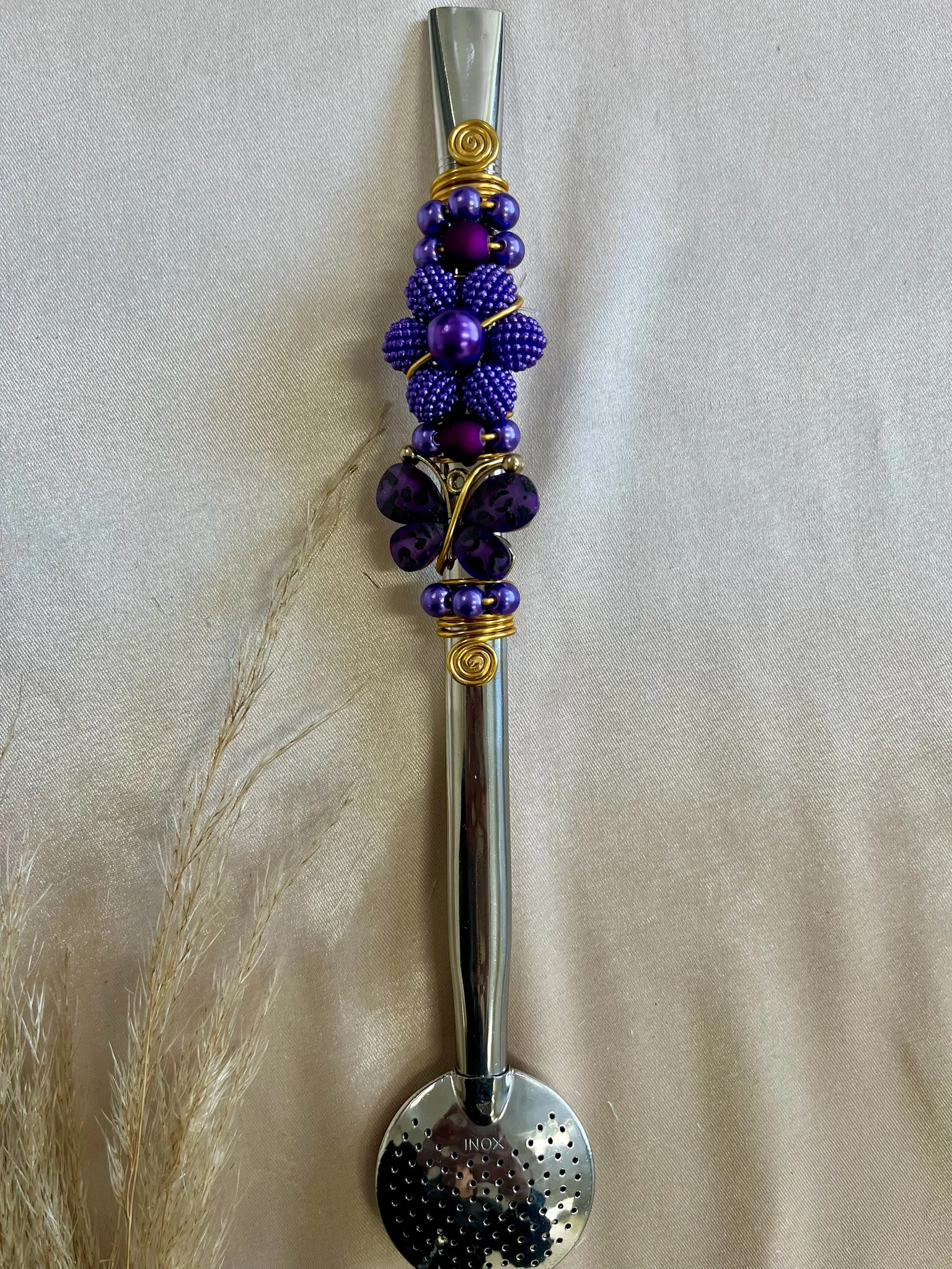 BOMBAS INOX COM BORBOLETA E FLOR DE PEROLA
